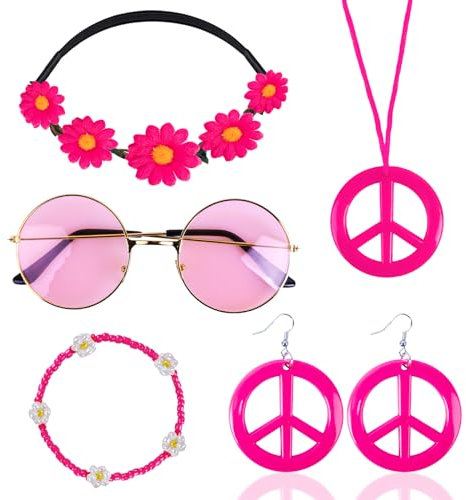 Hippie Kostüm Set Hippie Accessoires 60er 70er Jahre Accessoires Vintage Accessoires Flower Power Accessoires Inklusive Hippie Vintage Brille Hippie Haarband Armbänder Peace Kette Ohrringe