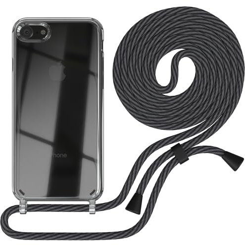 EAZY CASE - Handytasche zum Umhängen - kompatibel mit iPhone SE (2022/2020) / iPhone 8/7, Handyhülle mit Band, Transparent und Bildschirmschutz, Lanyard in Schwarz/Anthrazit mit Clips Schwarz