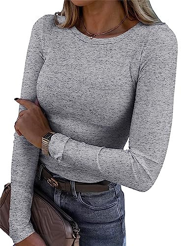 Smile Fish Womens Long Sleeve Stretch Crewneck Ribbed T-Shirt Fitted Casual Basic Tops, Grey M