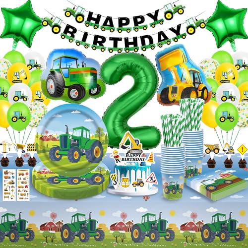 Traktor Partygeschirr Kindergeburtstag 2, Traktor Geburtstag Deko 2 Jahre, Traktor Deko Kindergeburtstag 2, Geburtstag Deko 2 Jahre Junge Traktor Luftballons Pappteller Tischdecke für Junge 16 Gäste