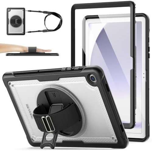 SEYMAC stock Coque pour Samsung Galaxy Tab A9 Plus / A9+ 11 Pouces 2023 (SM-X210/X216/X218), Coque Antichoc avec Protecteur D'écran [Support Rotatif à 360°/Dragonne] et Bandoulière, Transparent