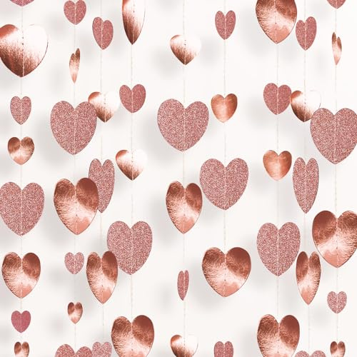 G2PLUS 16m Rose Gold Reflective and Glitter Heart Garland | Rose Gold Heart Decorations, Hanging Rose Gold Party Decorations for Anniversary, Wedding, Valentine's Day