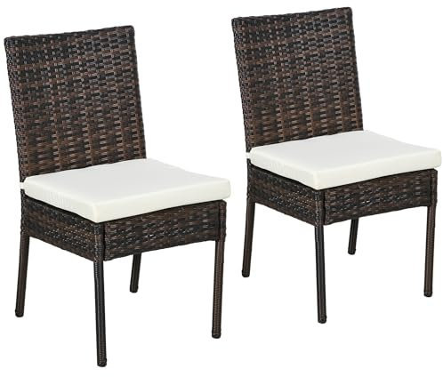 Outsunny 2 Pieces PE Rattan Garden Chairs with Cushion, Patio Wicker Dining Chairs with Backrest for Patio, Deck, Garden, Brown