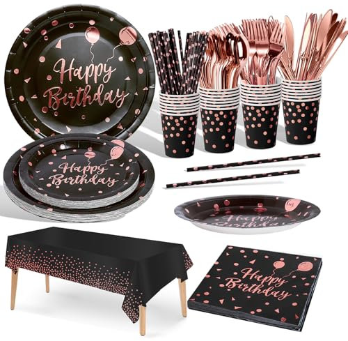 Nkaiso Party Tableware 161Pcs Black and Rose Gold Happy Birthday Theme Kids Birthday Decoration Party Accessories Set Includes Paper Plates Napkins Cups Reusable Tableware -20 Guests