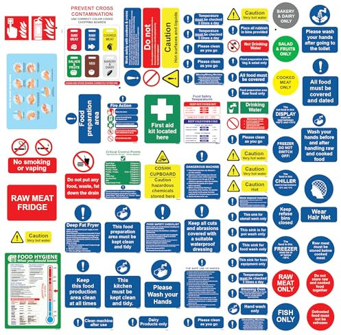 RDLCAR Kitchen Safety Signs and Sticker Qty 71 of Various Sizes Self Adhesive Kitchen Stickers Includes Allergen Labels Coloured Chopping COSHH Stickers