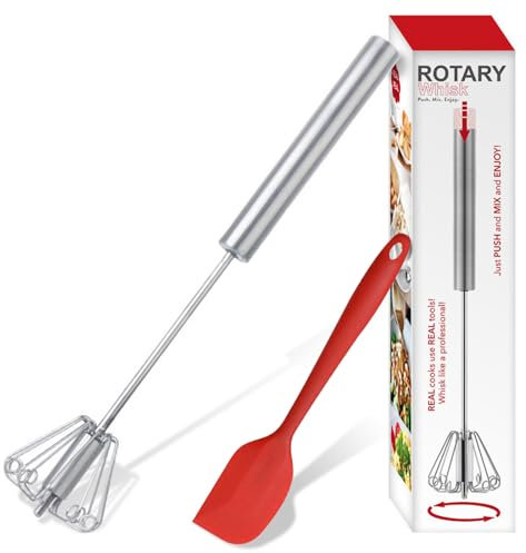 Halbautomatischer Schneebesen aus Edelstahl, Handschneebesen Rührbesen, Rotierender Schubrührer zum Quirlen, Schlagen, Rühren (30.5cm)