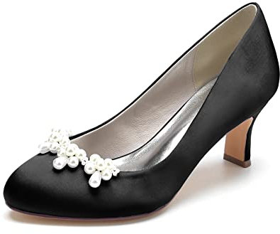 ZZQCCHL Women's Satin Round Toe Bridal Shoes Slip-On Kitten Heel Wedding Pumps Prom Party Mary Jane Shoes with Pearl,Black,7 UK