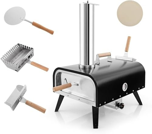 KOMFOTTEU Forno per pizza per esterni, portatile a legna con pietra per pizza, termometro, forno per pizza in acciaio inox, forno per pizza con struttura girevole per barbecue e campeggio