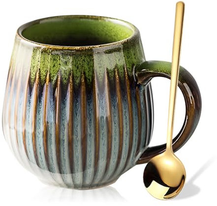 500ml Kaffeetasse Groß, Tasse Keramik Vintage mit Löffel, Cappuccino Tassen Steingut, Designer-Stil Kaffeebecher mit Großem Henkel Kaffeetasse, Teetasse aus Porzellan für Büro Haushalt(Grün)