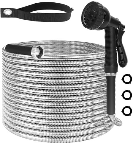 Metal Garden Hose 50 Ft with 10 Functions Nozzle, 304 Stainless Steel Water Hose, 50 Ft Garden Hose Tough & Flexible, Lightweight,Kink & Tangle Free, Rust Proof