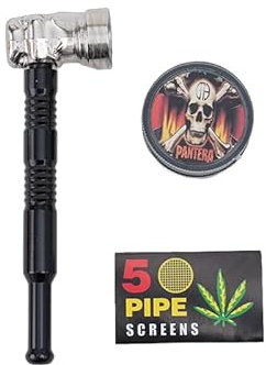 Metall-Pfeifen Set | Mini Crusher +5 Edelstahlsiebe | Abschraubbarer Kopf für Leichte Reinigung | Smoking Pur Pipe Pfeife Rauchen Glas Optik | Gebrauch von Tabakwaren (Schwarz)