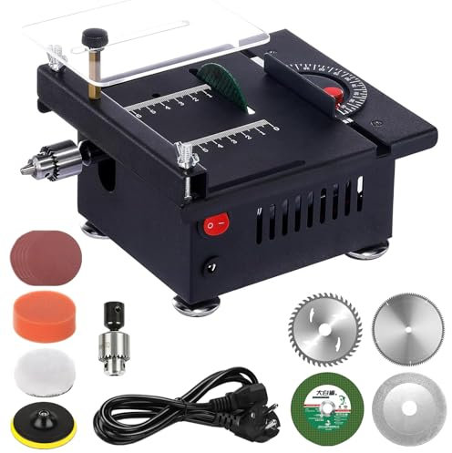 Mini Sega Circolare da Banco 400W, Mini Sega da Tavolo con 4 Lame, Piccola Sega da Banco Elettrica Sega da Tavolo Multifunzione, Profondità di Taglio Regolabile da 0,1 a 30 mm, Angolo Regolabile 0-90°