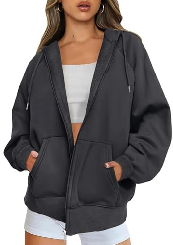Timuspo Zip Hoodie mit Fleece-Innenfutter Vintage Trendy Sweatjacke Damen Lang Workout Outfits Sweatshirt Jacke Oversize Y2K Dunkelgrau S