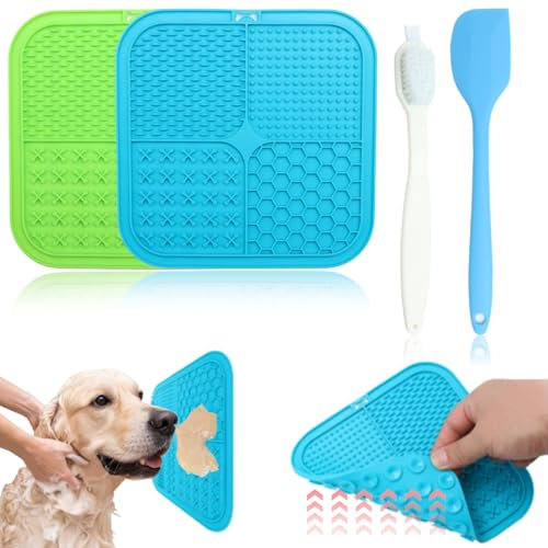2 Pcs Licky Mats for Dogs with 1 Silicone Spatula and Cleaning Brush Dog Slow Feeder Lick Pat with Suction Cups Cats Toys Feeding Mat for Dog Anxiety Relief Butter Yogurt Peanut Pets Bathing Grooming