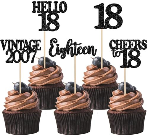 30 Pack Happy 18th Birthday Cupcake Toppers Glitter Hello 18 Eighteen Vintage 2007 Cupcake Picks Cheers to 18 Party Decorations for 18th Birthday Anniversary Party Cake Decorations Black