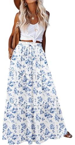 Zeagoo Womens Bohemian Long Skirts Summer Flowy Beach Maxi Skirts High Waist Women's Floral A Line Skirts with Pockets Womens Casual Tiered Skirts XXL
