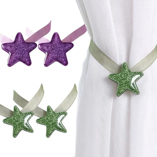 4 Stück Magnet Vorhangschnalle, Vorhang Raffhalter Gardinen, Stern Magnet Vorhang Clips, Gardinen Raffhalter, Gardine Raffhalter Clips, für Indoor Vorhanghalterung (Typ B-Klein-Green+Violett)