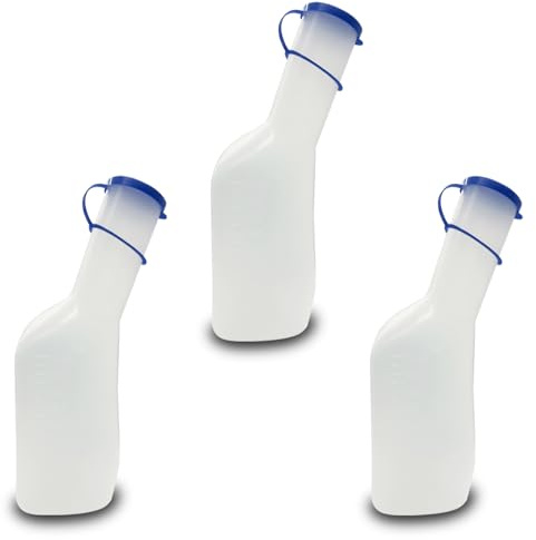 3 x Urinflasche für Männer 1000 ml 3 Stück | Urinente | 1 Liter | autoklavierbar, wiederverwendbar, waschbar, milchig | Urinente | PP-Urinflasche mit Deckel | mit Messlinien | 3er Set