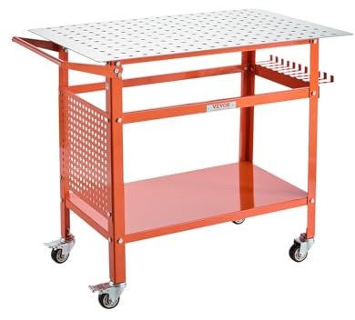 VEVOR Tavolo da Saldatura 1016 x 609,6 mm Banco da Lavoro in Acciaio Mobile, 4 Ruote (2 con Freno), Capacità Peso Statico 362,87 kg Pannello di Stoccaggio a Doppio Strato, Fori di Fissaggio 15,87 mm