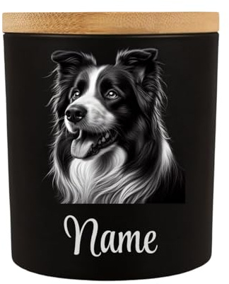 Girahlutions Leckerliglas | Kerzenglas Deco Glas Lichtglass Teelichtglas Matt Schwarz 400ml mit Bambusdeckel | Gravur Hunderasse Hund mit Name Personalisiert (Border Collie)