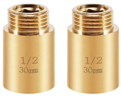Lot de 2 rallonges de robinet en laiton - 30 mm x 1/2 - DN15 - Rallonge filetée - Raccord en laiton avec filetage intérieur et filetage extérieur 1/2 - Rallonge pour pommes de douche et robinets