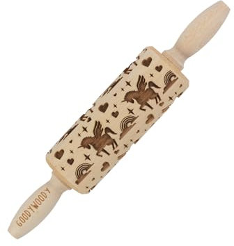 Starmann Mini Teigroller aus Buchenholz mit tiefen Prägemustern und ergonomischen Griffen | Inklusive Reinigungsbürste für müheloses Ausrollen von Teig und Kreation von Designs (Einhorn)