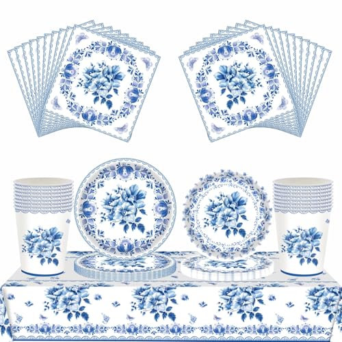 69Pcs Chinese Blue and White Theme Floral Party Tableware Set,Chinoiserie 7inch 9inch Plates and Napkins Cups Table Cloth Sets for Garden Party, Afternoon Tea, Baby Shower, Wedding,Birthday Decor