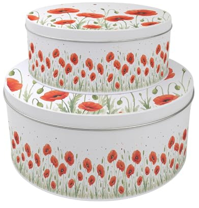 Purely Home Summer Poppies Set of 2 Cake Tins Gift - Red & Green Floral Nesting Round Large & Medium Metal Storage Containers for Cakes and Baking