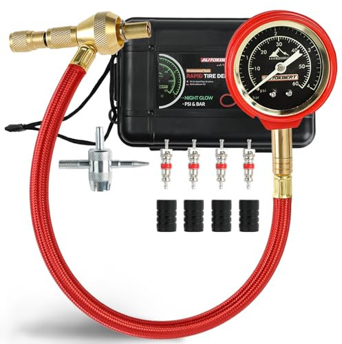 Reifendruckprüfer Reifen Deflator Set 2 in 1 Reifendruckmesser 60PSI 4BAR, Schnell Reifen Ablass Luftdruckprüfer mit 4-in-1-Werkzeug, Ventileinsätze Ventilkappen für Auto SUV LKW Fahrräder Motorräder