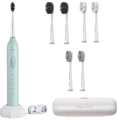 BarberBoss Rechargeable Electric Toothbrush with 3 Angle Settings, 6 Brush Heads, Pressure-Free Cleaning, Long Battery, Smart Timer, Travel-Friendly (Mint Green)