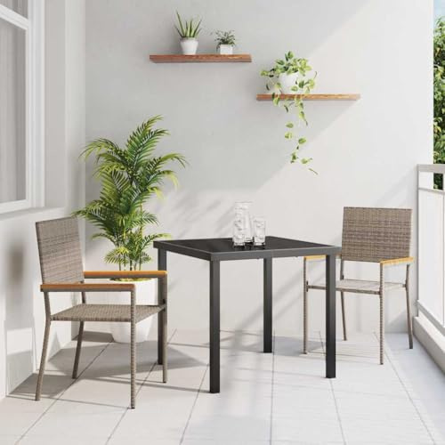Mandloder 2er-Set Garten Stapelstühle Grau Braun, wetterfestes PE Rattan mit Akazienholz-Armlehnen, platzsparende Outdoor Esszimmerstühle für Balkon und Terrasse