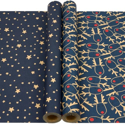 2 Rollen blaues Geschenkpapier, 43 cm x 12 m, Kraftpapier mit Elch- und Sternmotiv, ideal für Weihnachts-, Geburtstags- und Partygeschenke.