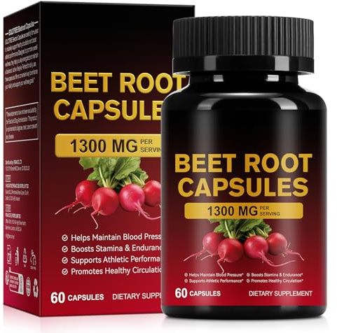 Rote-Bete-Kapseln 60P – 1300 Mg RoteBete-Pulver-Nahrungsergänzungsmittel, Unterstützt Die Sportliche Leistungsfähigkeit, Verdauung, Immunsystem, Natürliche Energie, Vegan, Glutenfrei