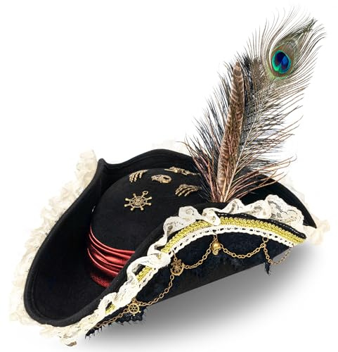 Tanganan Pirate Hat Costume, Halloween Woolen Lace Feathers Style Tricorn Hat Pirate Cap Fancy Dress Colonial Medieval Accessory Black Red for Women Men (Black)