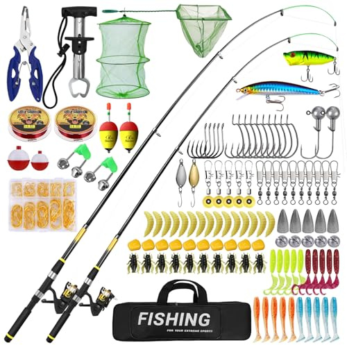 118pcs Angelset für Kinder, Teleskop-Angelruten 2,1m + 1,8m, Komplettset mit Rolle Köder & Tragetasche für Süßwasser Angeln, Angelausrüstung für Anfänger, Orange