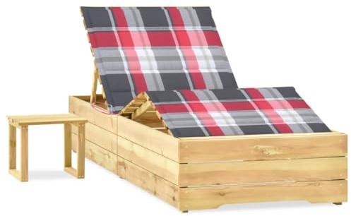 SKTQYQO Gartenliege aus imprägniertem Kiefernholz mit Couchtisch und Kissen mit rotem Karo, verstellbare Rückenlehne und verstellbare Fußstütze zum Entspannen im Freien, Outdoor-Möbel