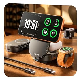 LISEN 3 in 1 Ladestation Apple,【25W & Qi2.2 Schnellladen】 Faltbares Design, Gute Kühlleistung, Laden Mehrerer Geräte, Magsafe Ladegerät für iPhone 17 Pro Max/16/15, AirPods（Tiefschwarz）