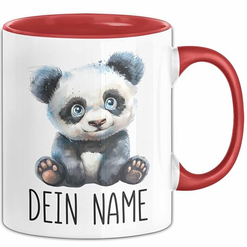 Panda Bär Tasse mit Namen – Personalisierte Tasse Geburtstag Geschenkidee süßes Panda Bärmotiv Niedlich Verspielte Namenstasse (Rot)
