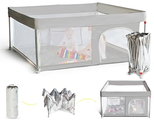 CHOLY faltbarer Baby-Laufstall mit Matte, Laufstall für Babys Kleinkinder | tragbarer Spielplatz mit Ozeanbällen, schnell aufbaubarer Kinderzaun mit Reisetasche (grau, 127*127 cm)