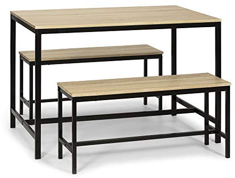 VS Venta-stock Conjunto Mesa y 2 Bancos Lisboa Negro para Comedor o Cocina, Mesa 110 cm x 70 cm x 75 cm, Estructura metálica