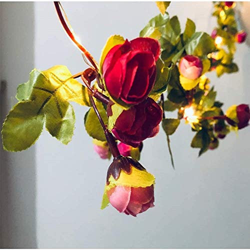 Riaxuebiy Künstliche Rose Blumen Lichterketten 20 LED Blumen Reben Girlande Fee Lampe Kranz Batterie/USB Angetrieben für Weihnachten Hochzeitsfeier Dekoration (USB, Rosarot)