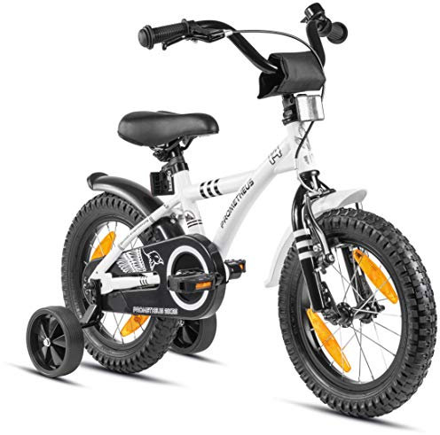 PROMETHEUS BICYCLES Kinderfahrrad 14 Zoll ab 4 Jahren - Kinder Fahrrad Mädchen Jungen Fahrrad Kinder mit Stützräder Rücktrittbremse in Weiss