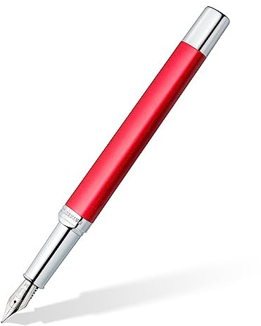 STAEDTLER Füllhalter triplus 474 M, Farbe Roaring Red, hochwertiges Metallgehäuse in ergonomischer Dreikantform, Stahlfeder M, mit Patrone in Schreibfarbe Blau, 474 M02-3