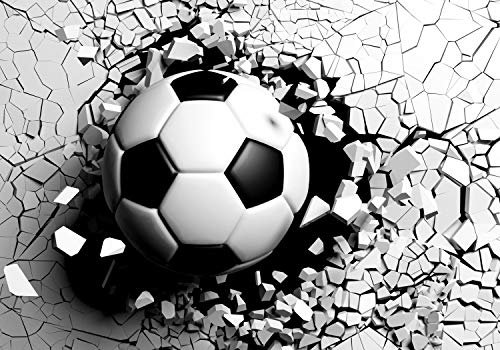 wandmotiv24 Fototapete Ball Wanddurchbruch 3D Optik, L 300 x 210 cm - 6 Teile, Wanddeko, Wandbild, Wandtapete, Fußball Wand Steine grau M6699