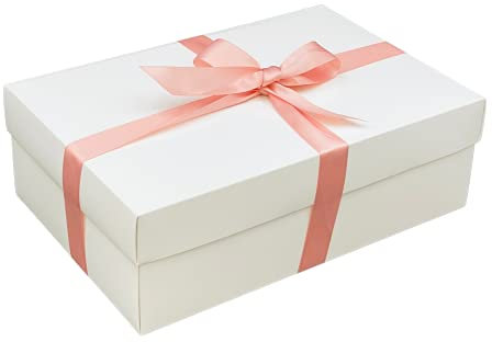 White Gift Box with Lid | Pick Your Ribbon Colour | Large Memory or Hamper Boxes | Flat-Packed Gift Boxes for Presents, Birthday or Baby Gifts | Size 30x20x10cm (Blush Ribbon 31)