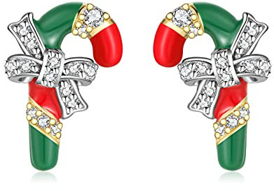 Qings Ohrringe Weihnachten Ohrstecker Echt Silber 925 Schmuck Damen Mädchen Teenager Earrings Weihnachtsohrringe Geschenk Aesthetic Ohrring Stecker Vergoldet Kleine Rot Grün Zuckerstangen mit Zirkonia