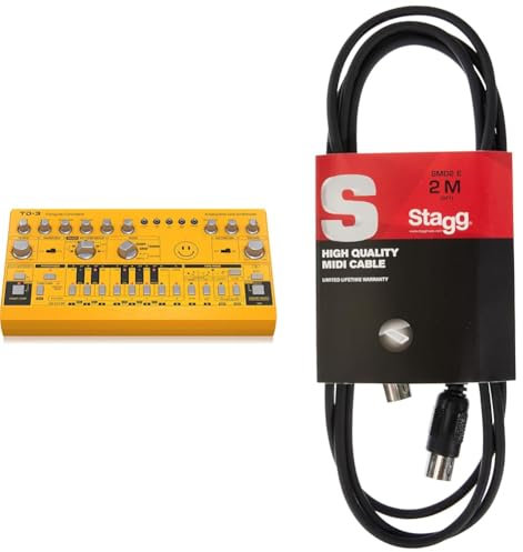 Behringer TD-3-AM Analoger Bass-Line-Synthesizer mit VCO, VCF, 16-stufigem Sequenzer, Verzerrungseffekten und 16-stimmiger Polykette & Stagg SMD2 E MIDI-Kabel (2m, DIN-Stecker-auf-DIN-Stecker)