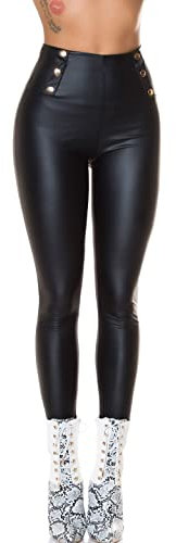 Koucla Business Thermo Leder Look High Waist Leggings mit Deko Knöpfe L/XL, Schwarz