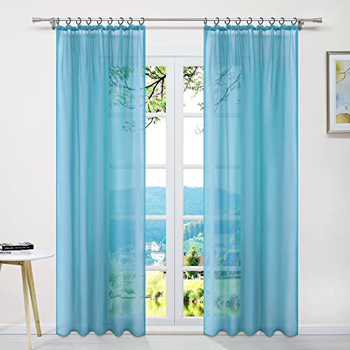 ESLIR Gardinen mit Kräuselband Vorhänge Fensterschal Transparent Schlaufenschal Voile Schal Uni Blau BxH 145x145cm 1 Stück
