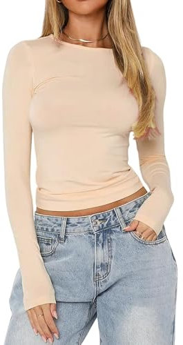 Women's Slim Fit Crop Tops Casual Solid Color Crew Neck Long Sleeve Tight T-Shirt Basic Blouse Tee Tops (Skin, S)